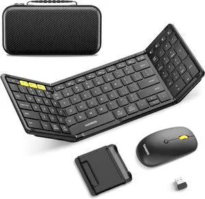 Foldable Keyboard and Mouse,Folding Bluetooth Keyboard Combo, 2.4G + BT5.0 x 2, Full-Size Portable Travel Keyboard & USB-C Rechargeable Wireless Mouse for iOS Android Windows Mac OS