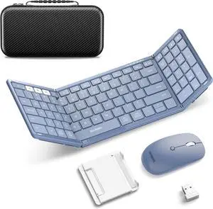 Foldable Keyboard and Mouse, Folding Bluetooth Keyboard Combo, 2.4G + BT5.0 x 2, Full-Size Portable Travel Keyboard & Rechargeable Wireless Mouse for Windows Android iOS Mac OS, Blue