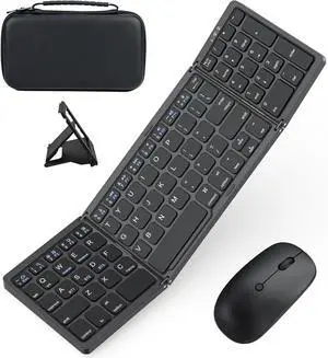 Foldable Keyboard and Mouse for Laptop, Travel Bluetooth Folding Keyboard Mouse with Portable Case, Rechargeable Keyboard for Business, 2.4G & Bluetooth, for iPad Tablets Laptop iOS Android - Black