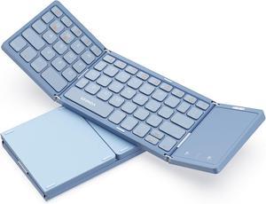 Foldable Bluetooth Keyboard for Travel, Tri-Folding Wireless Rechargeable Multi-Device Portable Keyboard with Touchpad, for Laptop iPad Tablet PC Smartphone Windows iOS Android, Blue
