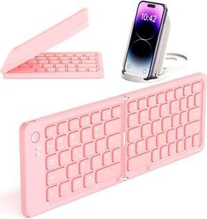 Wireless Keyboard, Foldable Wireless Rechargeable Bluetooth Keyboard with Holder Pink