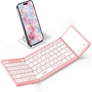 Foldable Bluetooth Keyboard with Touchpad, Full-Size Wireless Portable Travel Folding Keyboard for iOS Android Windows Mac OS, Support 3 Devices (BT5.1 x 3), Pink