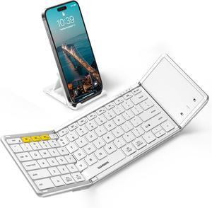 Foldable Bluetooth Keyboard with Touchpad, Full-Size Wireless Folding Keyboard with PU Leather, Portable Travel for iOS Android Windows Mac OS, Support 3 Devices (BT5.1 x 3), Silver