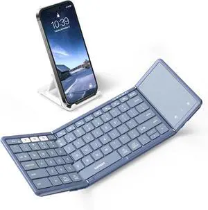 Foldable Bluetooth Keyboard with Touchpad, Full-Size Wireless Folding Keyboard with PU Leather, Portable Travel Keyboards for iOS Android Windows Mac OS, Support 3 Devices (BT5.1 x 3), Blue
