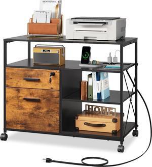 2 Drawer Locking File Cabinet with Charging Station, Rolling Printer Stand with Open Storage Shelf, Lateral Filing Cabinet fit A4/Letter Size for Home Office, Rustic Brown