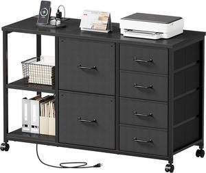 6 Drawer File Cabinet with Charging Station Rolling Printer Stand with Open Storage Shelf Fabric Lateral Filing Cabinet for Home Office,Black