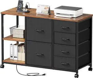 6 Drawer File Cabinet with Charging Station Rolling Printer Stand with Open Storage Shelf Fabric Lateral Filing Cabinet for Home Office,Brown