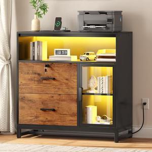 File Cabinet with Charging Station, 2 Drawer Filing Cabinets with Lock for Home Office, File Cabinets fits Legal/Letter/A4 File, Printer Stand with Storage & LED Lights, Rustic Brown