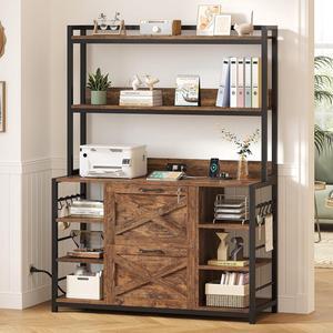 File Cabinet with Charging Station, Vertical Filing Cabinet with Lock for Home Office, Printer Stand with Open Storage Shelf, Fits Legal/Letter/A4 Size, Brown
