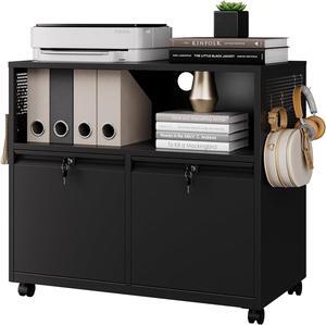 Mobile 2 Drawer File Cabinet with Lock, Metal Lateral Printer Stand Filing Storage Cabinets with Shelves for Home Office-A4/F4/Letter (Black)