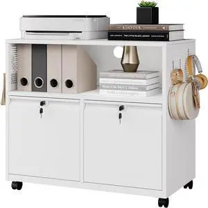 Mobile 2 Drawer File Cabinet with Lock, Metal Lateral Printer Stand Filing Storage Cabinets with Shelves for Home Office-A4/F4/Letter (White)