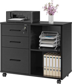 3 Drawer Office File Cabinets, Mobile Lateral Printer Stand with Open Storage Shelf, Rolling Filing Cabinet with Wheels Home Office Organization and Storage (Black)