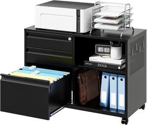 Mobile 3 Drawer File Cabinet with Lock-Metal Lateral Rolling Printer Stand Filing Cabinets for Home Office-Storage A4/F4/Letter (Black)
