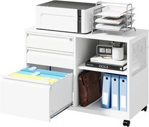 Mobile 3 Drawer File Cabinet with Lock-Metal Lateral Rolling Printer Stand Filing Cabinets for Home Office-Storage A4/F4/Letter (White)
