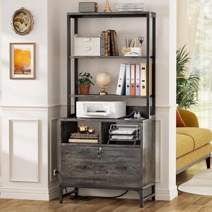 File Cabinet with Charging Station, Vertical Filing Cabinet with Lock & Large Drawer, Printer Stand with Storage Shelves, Office Storage Cabinet fits Letter/A4/Legal Size, Gray