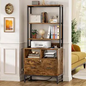 File Cabinet with Charging Station, Vertical Filing Cabinet with Lock & Large Drawer, Printer Stand with Storage Shelves, Office Storage Cabinet fits Letter/A4/Legal Size, Brown