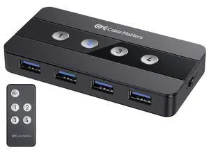Cable Matters 4 Port USB 3.0 Switch USB Sharing Switch for 4 Computers and USB Peripherals - Button or Wireless Remote Control Switching - Includes a USB-C Adapter for USB-C USB4 and Thunderbolt 4