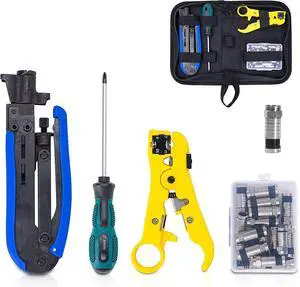 Coax Cable Crimper Kit - Adjustable Compression Tool for RG6, RG59, RG11 - Includes Coaxial Cable Stripper and 20 F Compression Connectors