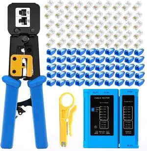 RJ45 Crimping Tool for Cat6 Cat5e Cat5, Sturdy Crimper for rj45 rj12/11 Pass-Through Connectors with 50pcs rj45 Cat5e Pass-Through Connectors, 50pcs Covers, Wire Stripper; Network Cable Tester