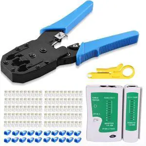 RJ45 Crimp Tool Kit, Cat5 Cat5e Crimping Tool with 100pcs rj45 Cat5 Connectors, 20pcs rj45 Cat5e Connector Covers, Cable Tester, Network Wire Stripper
