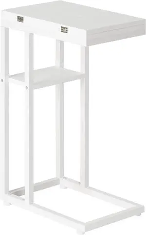 Foldable End Table, C Shaped Side Table with Storage Shelf, Small Snack Table Suitable for Living Room Bedroom Small Spaces, Easy Assembly, White