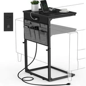 C Shaped End Table with Charging Station, Adjustable Height Side Table for Couch, Small Sofa Table Laptop Couch Desk, Slide Under Sofa TV Tray Tall Arm C Tables for Living Room Bedroom, Black
