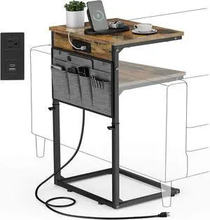 C Shaped End Table with Charging Station, Adjustable Height Side Table for Couch, Small Sofa Table Laptop Couch Desk, Slide Under Sofa TV Tray Tall Arm C Tables for Living Room Bedroom, Rustic Brown