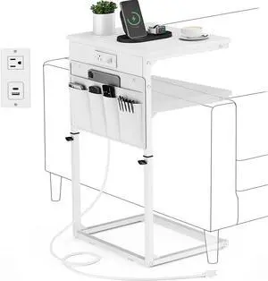 C Shaped End Table with Charging Station, Adjustable Height Side Table for Couch, Small Sofa Table Laptop Couch Desk, Slide Under Sofa TV Tray Tall Arm C Tables for Living Room Bedroom, White