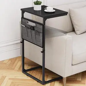 C Shaped End Table, 33'' Tall Side Table for Couch, Adjustable Height Small Couch Side Table for Small Spaces, End Table Slide Under Sofa Table TV Tray with Metal Frame for Living Room, Black