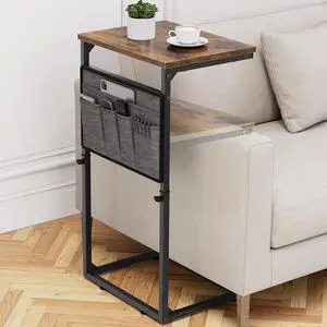 C Shaped End Table, 33'' Tall Side Table for Couch, Adjustable Height Small Couch Side Table for Small Spaces, End Table Slide Under Sofa Table TV Tray with Metal Frame for Living Room, Rustic Brown