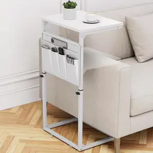 C Shaped End Table, 33'' Tall Side Table for Couch, Adjustable Height Small Couch Side Table for Small Spaces, End Table Slide Under Sofa Table TV Tray with Metal Frame for Living Room, White