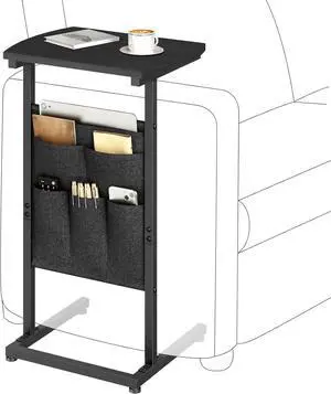 C Shaped End Table with Storage Bag, 28.3" Tall Small Side Table for Couch, Slide Under Sofa, TV Tray for Small Place, Sturdy Frame, Living Room, Bedroom, Black