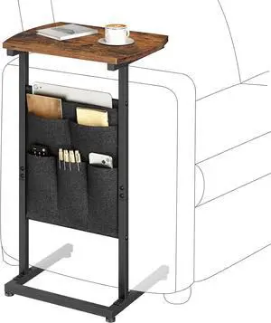 C Shaped End Table with Storage Bag, 28.3" Tall Small Side Table for Couch, Slide Under Sofa, TV Tray for Small Place, Sturdy Frame, Living Room, Bedroom, Rustic Brown