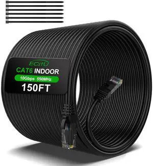 150FT Cat6 Ethernet Cable, Cat 6 Patch Cable, Cat6 Internet Cable, UTP Network Cable, Indoor and Outdoor, PoE, 24AWG CCA, Compatible for PC, Laptop, Router, Switch, Server, with 25 Cable Ties - Black