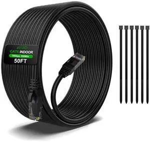 50FT Cat6 Ethernet Cable, Cat 6 Patch Cable, Cat6 Internet Cable, UTP Network Cable, Indoor and Outdoor, PoE, 24AWG CCA, Compatible for PC, Laptop, Router, Switch, Server, with 25 Cable Ties - Black 50FT Cat6 Ethernet Cable, Cat 6 Patch Cable, Cat6 Internet Cable, UTP Network Cable, Indoor and Outdoor, PoE, 24AWG CCA, Compatible for PC, Laptop, Router, Switch, Server, with 25 Cable Ties - Black