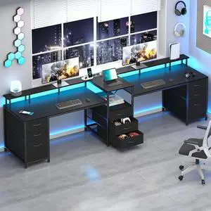 98.4" Long Computer Desk with 9 Drawers, 2 Person Gaming Desk with LED Lights & Power Outlet, Two Person Home Office Desk with Storage, Printer Shelf & Monitor Stand, Black