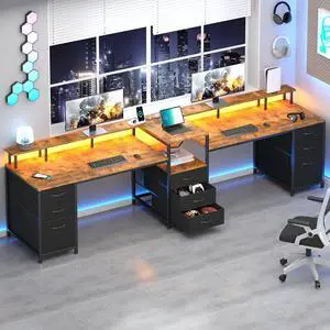 98.4" Long Computer Desk with 9 Drawers, 2 Person Gaming Desk with LED Lights & Power Outlet, Two Person Home Office Desk with Storage, Printer Shelf & Monitor Stand, Rustic Brown