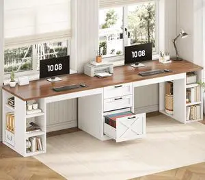 Farmhouse 96.5" Computer Desk with Drawers, 2 Person Home Office Desk, Gaming Double Desk with Storage Shelves, Long Two Person Writing Desk, White and Brown