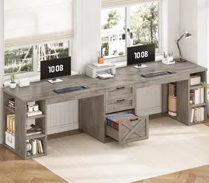 Farmhouse 96.5" Computer Desk with Drawers, 2 Person Home Office Desk, Gaming Double Desk with Storage Shelves, Long Two Person Writing Desk, Grey