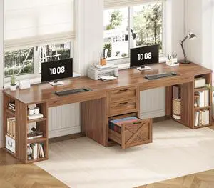 Farmhouse 96.5" Computer Desk with Drawers, 2 Person Home Office Desk, Gaming Double Desk with Storage Shelves, Long Two Person Writing Desk, Brown Farmhouse 96.5" Computer Desk with Drawers, 2 Person Home Office Desk, Gaming Double Desk with Storage Shelves, Long Two Person Writing Desk, Brown