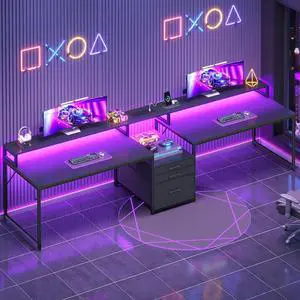 96.5" Office Desk, 2 Person Computer Desk with 3 Fabric Drawers & Power Strip, Long Gaming Desk with LED Light & Monitor Stand for Home Office, Black