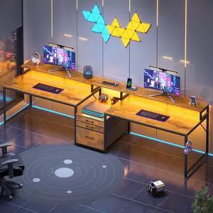 96.5" Office Desk, 2 Person Computer Desk with 3 Fabric Drawers & Power Strip, Long Gaming Desk with LED Light & Monitor Stand for Home Office, Rustic Brown