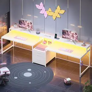 96.5" Office Desk, 2 Person Computer Desk with 3 Fabric Drawers & Power Strip, Long Gaming Desk with LED Light & Monitor Stand for Home Office, White