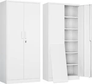 Metal Garage Storage Cabinet with 2 Doors and 5 Adjustable Shelves - 71" Steel Lockable File Cabinet,Locking Tool Cabinets for Office,Home,Garage,Gym,School (White)