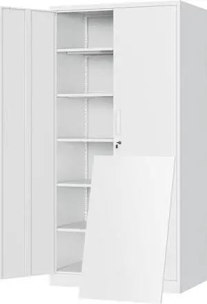 Metal Storage Cabinet with Locking Doors and 5 Adjustable Shelves,- 72" Garage Storage White Steel Lockable File Cabinet for Office,Home,Garage, White
