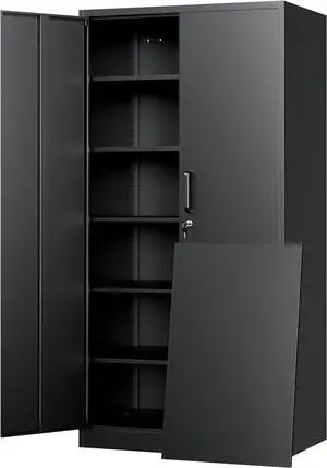 Metal Storage Cabinet with Locking Doors and 5 Adjustable Shelves,- 72" Garage Storage White Steel Lockable File Cabinet for Office,Home,Garage, Black