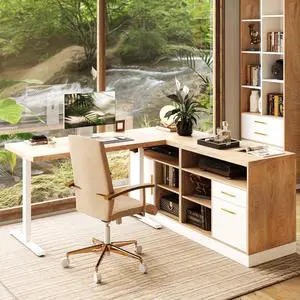 67" Standing Desk with 2 File Cabinets, AC/USB, 1.18" Desktop, L Shaped Height Adjustable Electric Stand Up Desk, Multiple Functions for Home and Office, Light Walnut