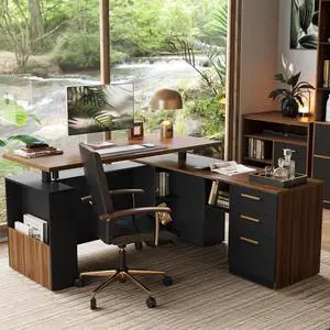 63" Standing Desk with File Cabinet, Privacy Panel, AC/USB, 1.18" Desktop, Executive L Shaped Height Adjustable Electric Stand Up Desk, Home Office Table with 3 Drawers, Black Walnut