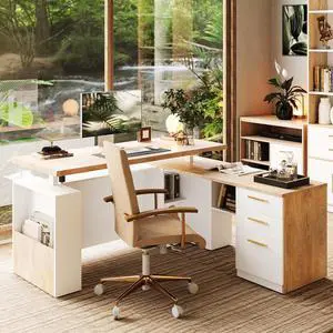 63" Standing Desk with File Cabinet, Privacy Panel, AC/USB, 1.18" Desktop, Executive L Shaped Height Adjustable Electric Stand Up Desk, Home Office Table with 3 Drawers, Walnut White