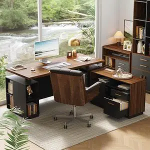 70" Standing Desk with 2 File Cabinet, AC/USB, 1.18" Desktop, L Shaped Height Adjustable Desk, Electric Furniture Set with Multiple Functions for Home and Office, Black Walnut